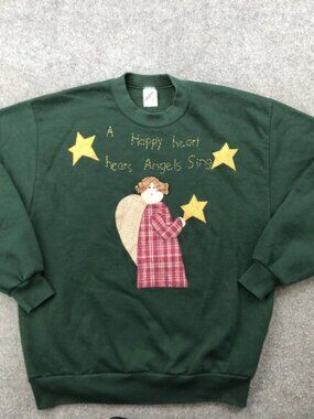VINTAGE Christmas Sweatshirt Womens Large Green Angel Applique Jerzees USA 90s